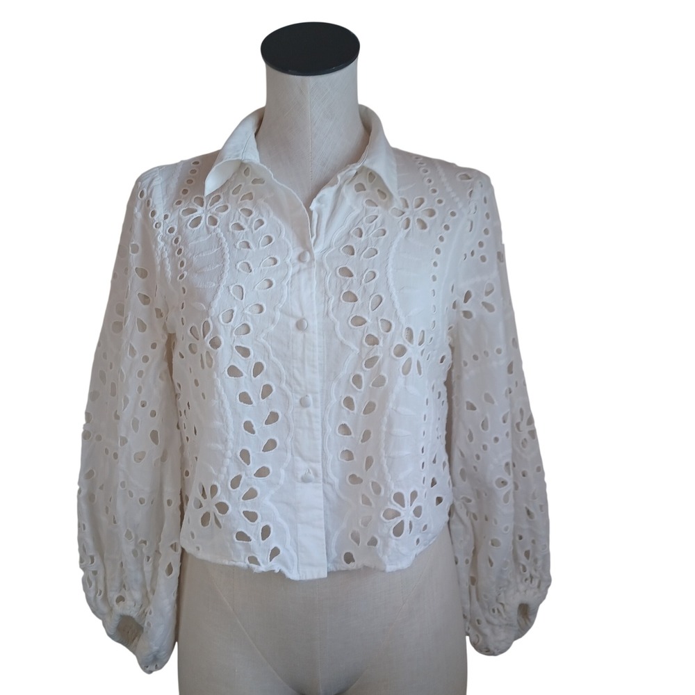 Zara White Eyelet Embroidery Cropped Blouse Balloon Sleeve Cotton Shirt Medium